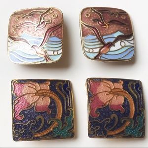 2 Pairs of Vintage Cloisonne Clip-on Earrings